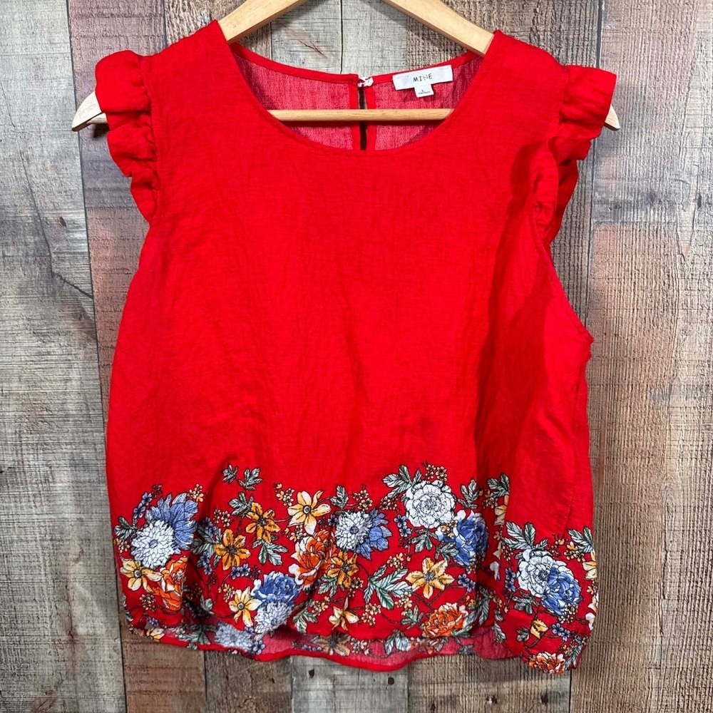 Red Floral Border Ruffle Sleeve Blouse Boho Flutter Top MINE Womens Large